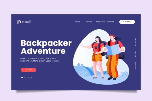 背包客冒险主题网站设计矢量插画素材 Backpacker Adventure Web Header PSD and AI Vector
