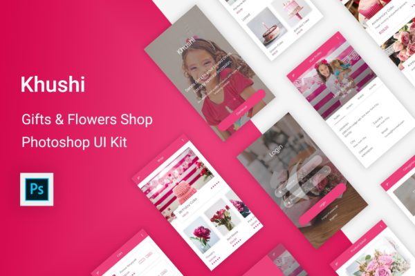 礼品&amp;鲜花预订APP应用UI设计套件PSD模板 Khushi &#8211; Gifts &amp; Flowers Shop UI Kit (Photoshop)