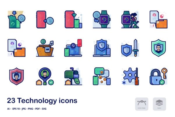 信息技术主题多彩线形图标 Technology detailed filled outline icons