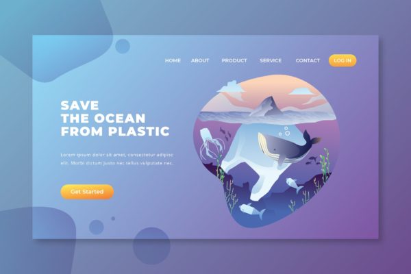 拒绝塑料污染拯救海洋主题矢量插画网站着陆页设计PSD&amp;AI模板 Save The Ocean from Plastic &#8211; PSD AI Landing Page