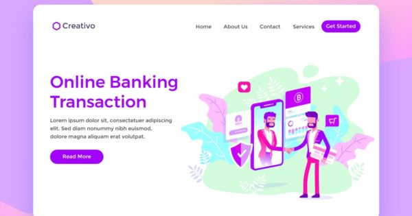 网上银行交易场景插画网站着陆页设计模板 Online Banking Transaction Protection Landing Page