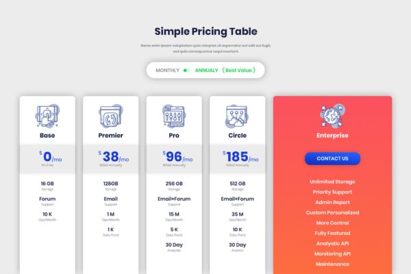 数据服务订阅价格表单UI设计模板 Pricing Table