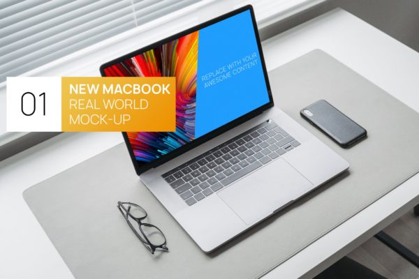 极简主义办公桌15寸MacBook笔记本电脑16设计网精选样机 Minimalistic MacBook 15 Touchbar Real World Mockup