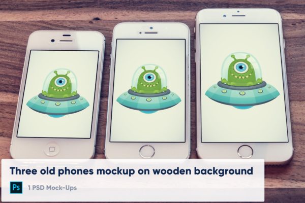 经典实体按键版本iPhone手机屏幕演示16素材网精选样机 3 old phones mockup on wooden background