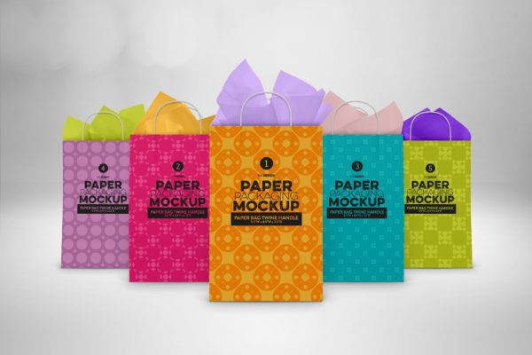 购物纸袋设计图片预览样机模板 Paper Bags Twine Handles Packaging Mockup