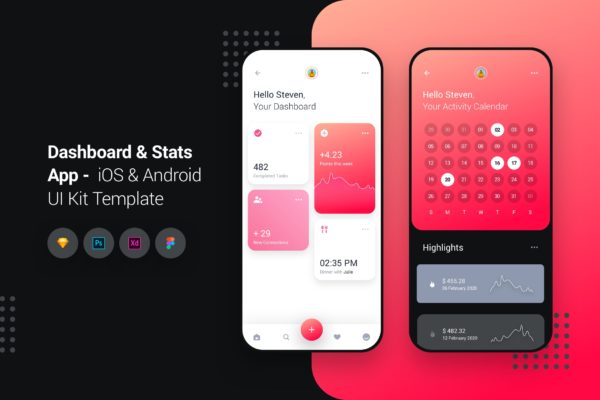 iOS&amp;Android手机应用数据统计后台UI设计套件 Dashboard App iOS &amp; Android UI Kit Template