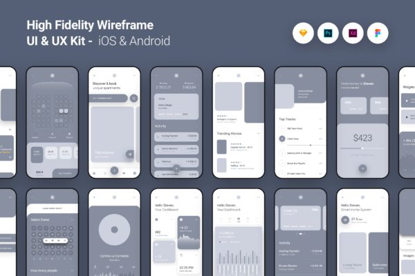iOS&amp;Android应用高保真线框UI/UX套件 High Fidelity Wireframe UI UX Kit iOS Android App