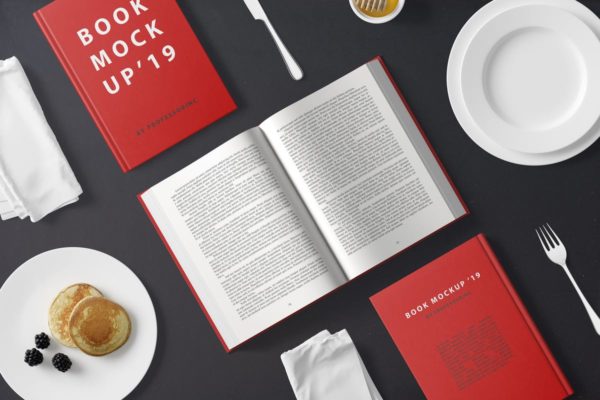 早餐餐桌硬纸封面书精装图书样机 Hard Cover Book Mockup &#8211; Breakfast Set
