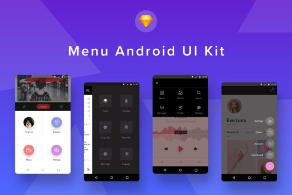 Android应用导航菜单UI界面设计SKETCH模板 Menu Android UI Kit (Sketch)