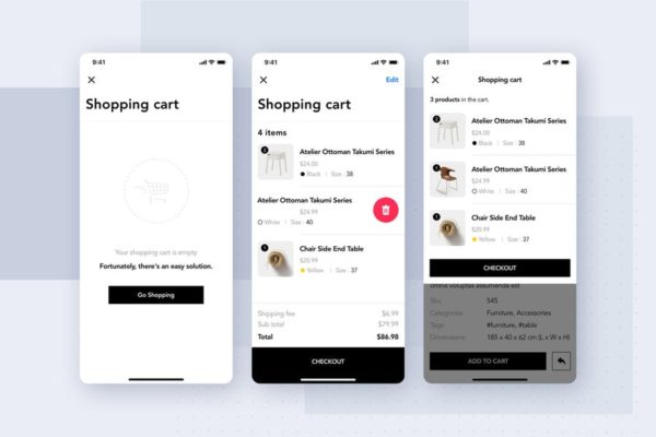 家具网上商城APP应用购物车交互界面SKETCH模板 Furniture Shop Mobile App UI Concept