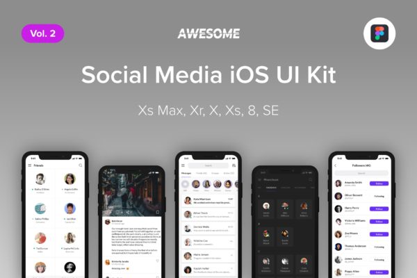 iOS平台社交类APP应用交互界面设计UI套件Figma模板v2 Awesome iOS UI Kit &#8211; Social Media Vol. 2 (Figma)