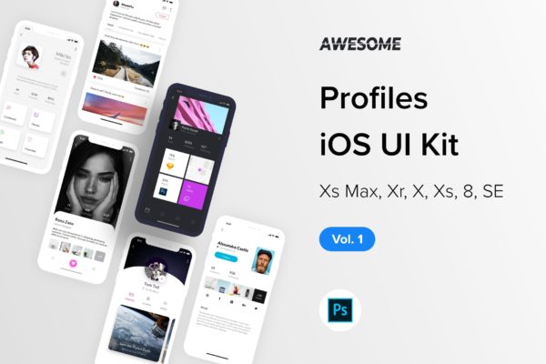 iOS平台职场社交APP应用个人中心界面设计UI套件PSD模板v1 Awesome iOS UI Kit &#8211; Profiles Vol. 1 (Photoshop)