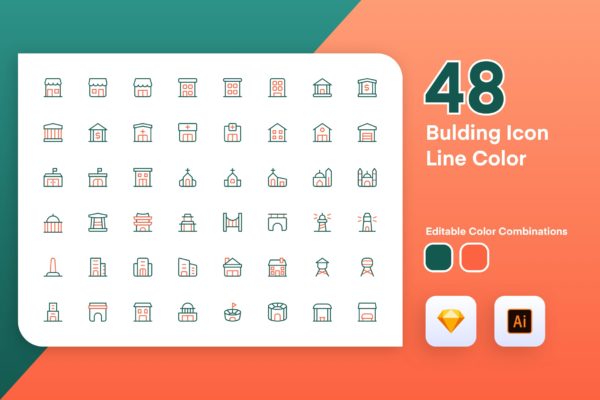 48枚建筑主题彩色矢量线性聚图网精选图标素材 Building Icon Line Color