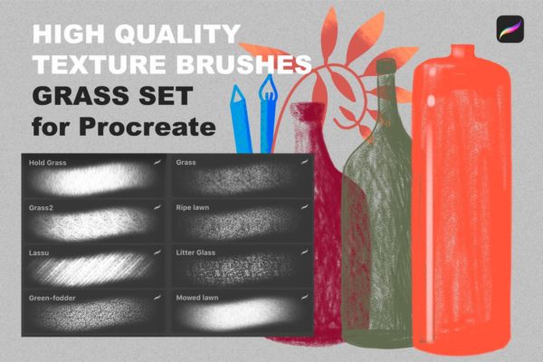 Procreate应用蜡笔画笔笔刷下载 Procreate texture brushes. GRASS SET