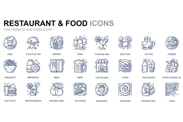 餐厅美食细线线性图标素材 Restaurant and Food Thin Line Icons