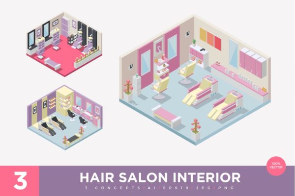 美发沙龙场景2.5D等距概念插画v1 3 Isometric Hair Salon Interior Vector Set 1