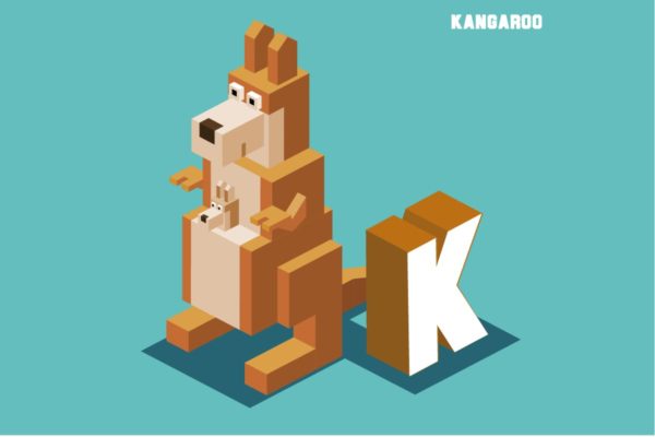 字母K&amp;袋鼠动物英文字母识字卡片设计2.5D矢量插画素材 K for kangaroo, Animal Alphabet