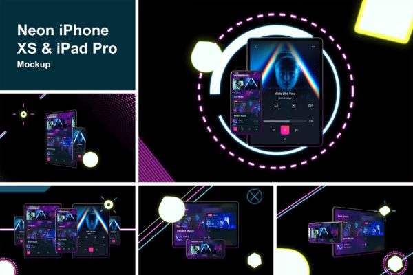 霓虹灯背景iPhone XS &amp; iPad Pro样机模板 Neon iPhone XS &amp; iPad Pro