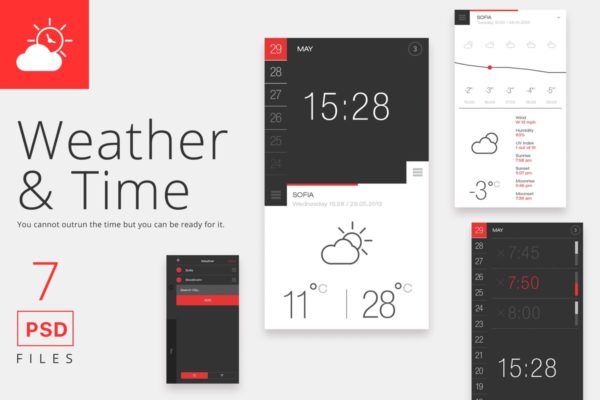 天气&amp;时间APP应用界面设计PSD模板 Weather and Time App PSD