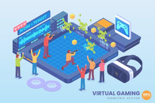 虚拟游戏技术等距矢量普贤居精选概念插画素材 Isometric Virtual Gaming Technology Vector Concept