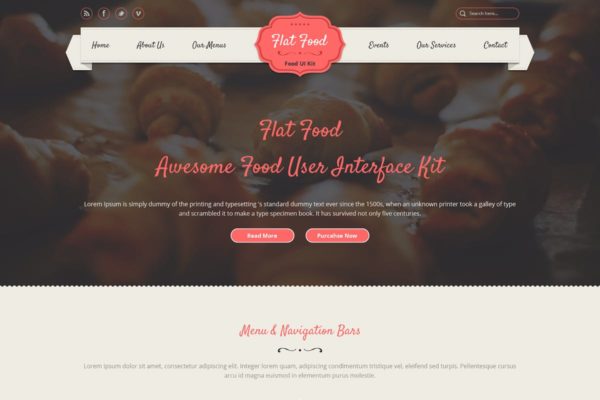 扁平风格食品/餐馆/咖啡品牌网站UI模板 Flat Food &#8211; Food, Restaurant, Cafe UI Kit
