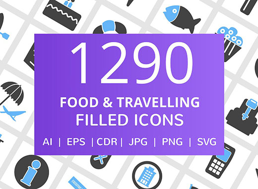 1290个食物&amp;旅行填充图标合辑
