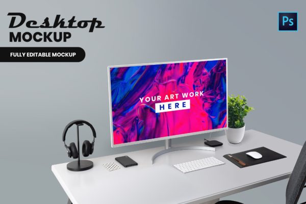现代简约办公桌电脑高清屏幕预览16设计网精选样机 Desktop Mockup