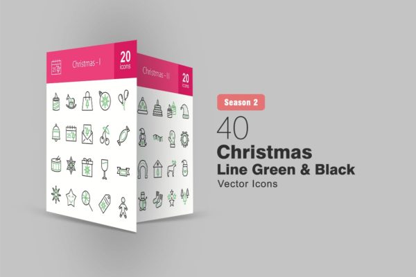 40枚圣诞节主题绿黑色矢量线性图标 40 Christmas Line Green &amp; Black Icons