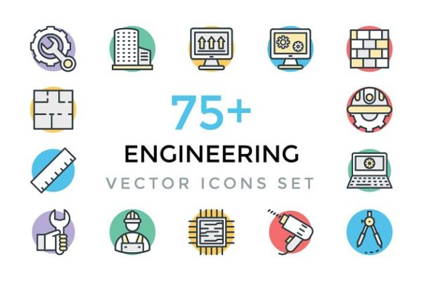 75+建筑工程主题粗线条彩色图标 75+ Engineering Vector Icons