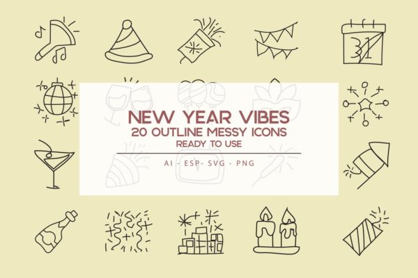 新年主题氛围实物轮廓16图库精选图标素材 New Year Vibe Outline Icon Set