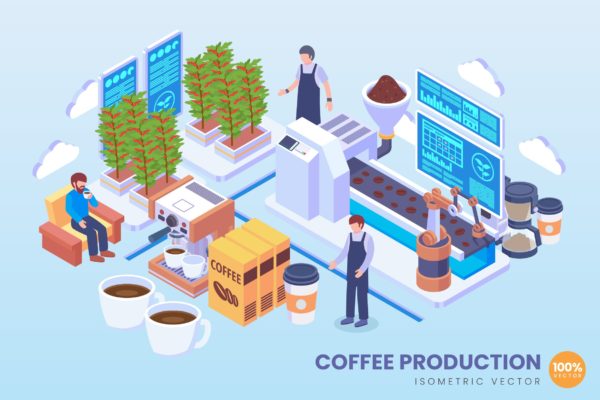 现代咖啡一体化生产技术等距矢量科技16图库精选概念插画 Isometric Coffee Production Vector Concept