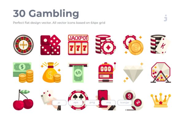 30枚赌博&amp;博彩主题扁平设计风格16设计素材网精选图标 30 Gambling Icons &#8211; Flat