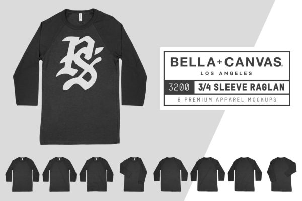 3/4袖男士篮球T恤服装样机 Bella Canvas 3200 3/4 Baseball Tee