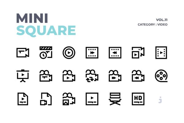 60枚视频多媒体主题线性图标矢量图标素材 Mini square &#8211; 60 Video Icons