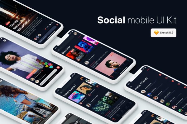 社交媒体交友类APP应用UI设计套件SKETCH模板 Social Mobile UI Kit for SKETCH