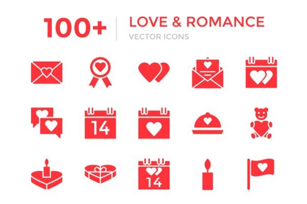 100+浪漫爱情元素矢量图标 100+ Love and Romance Vector Icons