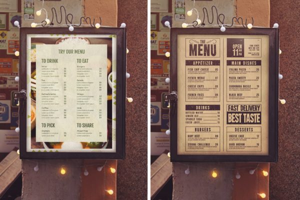 饭店餐厅菜单/广告橱窗设计效果图样机模板 Menu Vertical Mockup