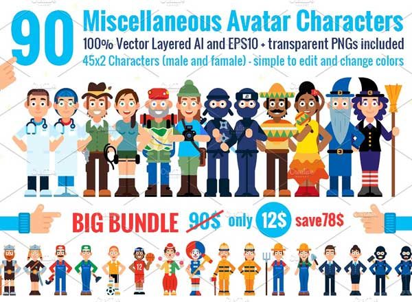 90种不同类型的卡通人物形象图标 90 Miscellaneous Avatar Characters