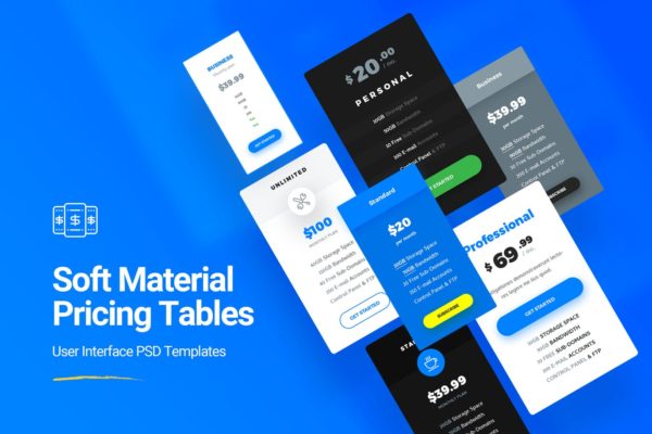 7种设计风格网站服务价格表单设计PSD模板 Soft Material Pricing Table PSD Templates