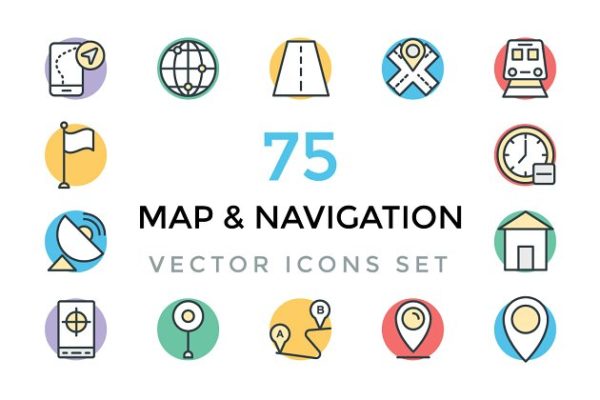 75个粗线条地图导航矢量彩色图标 75 Maps and Navigation Vector Icons