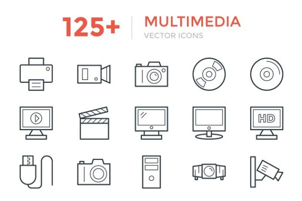 125+多媒体主题矢量图标 125+ Multimedia Vector Icons
