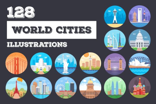 125+世界主要城市剪影矢量图形 125+ World Cities Illustrations