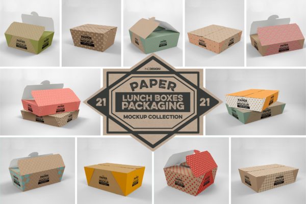 午餐外卖外带包装纸盒设计图样机 Paper Lunch Boxes Packaging Mockups