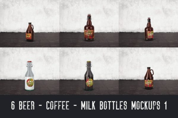 6个啤酒/咖啡/牛奶瓶外观设计16图库精选v1 6 Beer Coffee Milk Bottles Mockups 1
