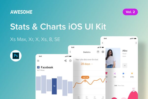 iOS平台数据统计APP应用交互界面设计PSD模板v2 Awesome iOS UI Kit &#8211; Stats &amp; Charts Vol. 2 (PSD)