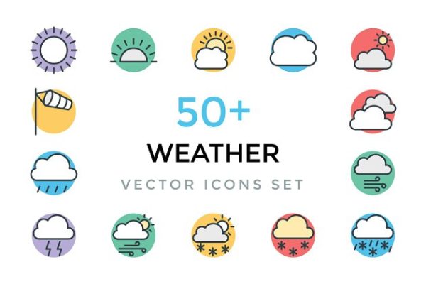 50+天气主题矢量彩色图标 50+ Weather Vector Icons