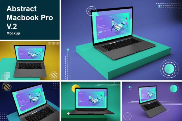 抽象背景Macbook Pro笔记本电脑普贤居精选样机模板v2 Abstract Macbook Pro Mockup V.2