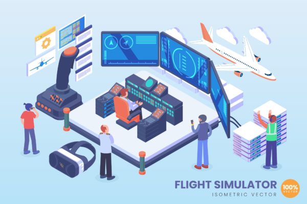 飞行模拟器技术等距矢量科技16设计网精选概念插画v1 Isometric Flight Simulator Technology Vector