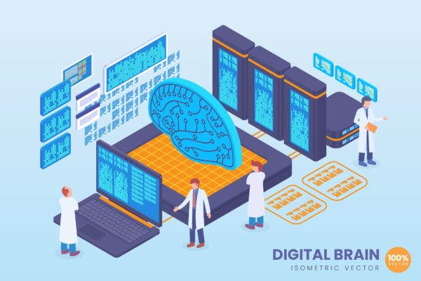 数字大脑AI技术等距矢量普贤居精选概念插画素材 Isometric Digital Brain Technology Vector Concept