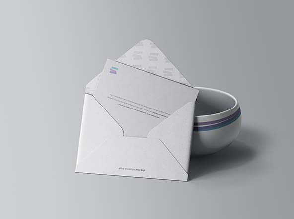 企业信封开启状态设计预览样机模板 Envelope with Bowl Mockup
